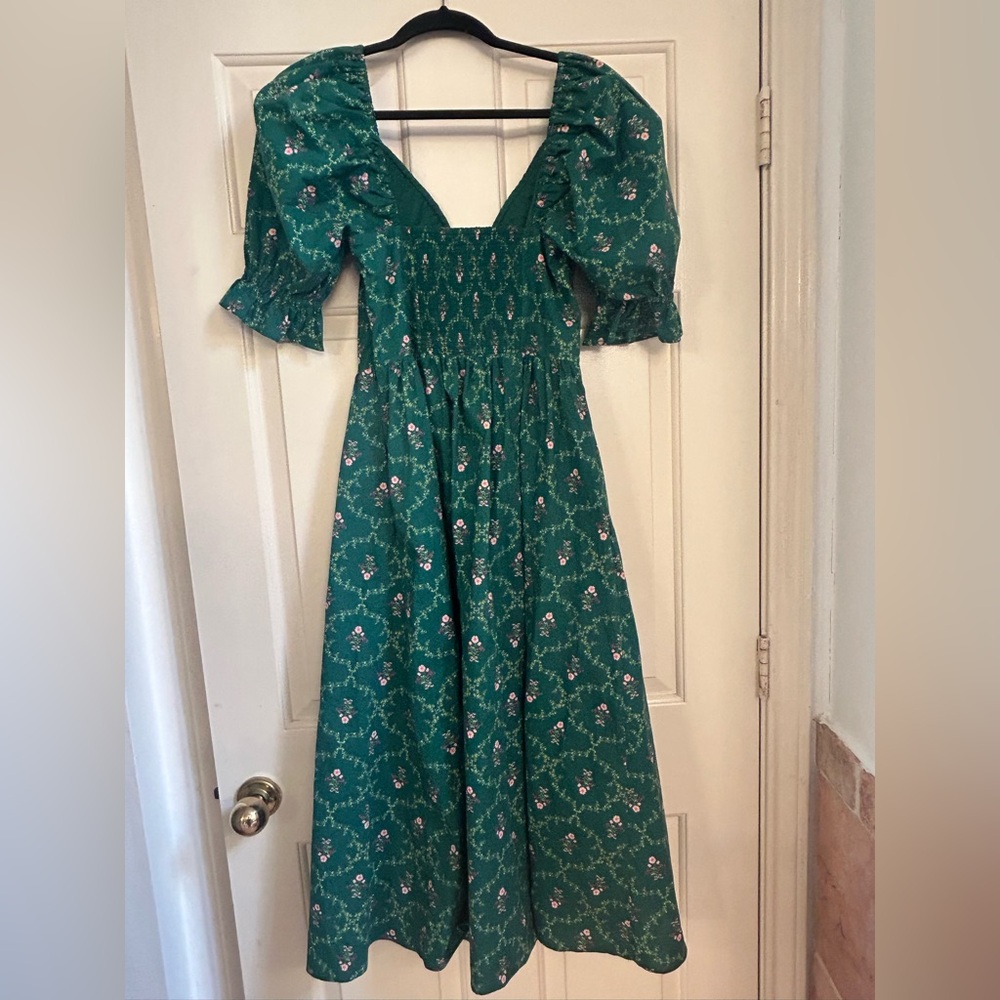 Hill House The Ophelia midi pocketed dress in Emerald Trellis print Small *FLAW - Picture 9 of 13